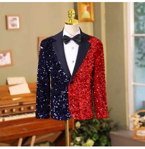 Boys red blue patchwork sequin jazz dance blazers wedding party flower boys coats pianist drummer performance jackets for kids